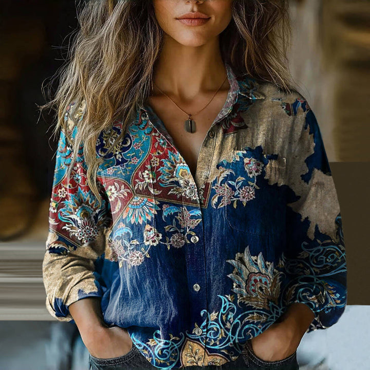 Vintage Bluse Med Etnisk Tryk